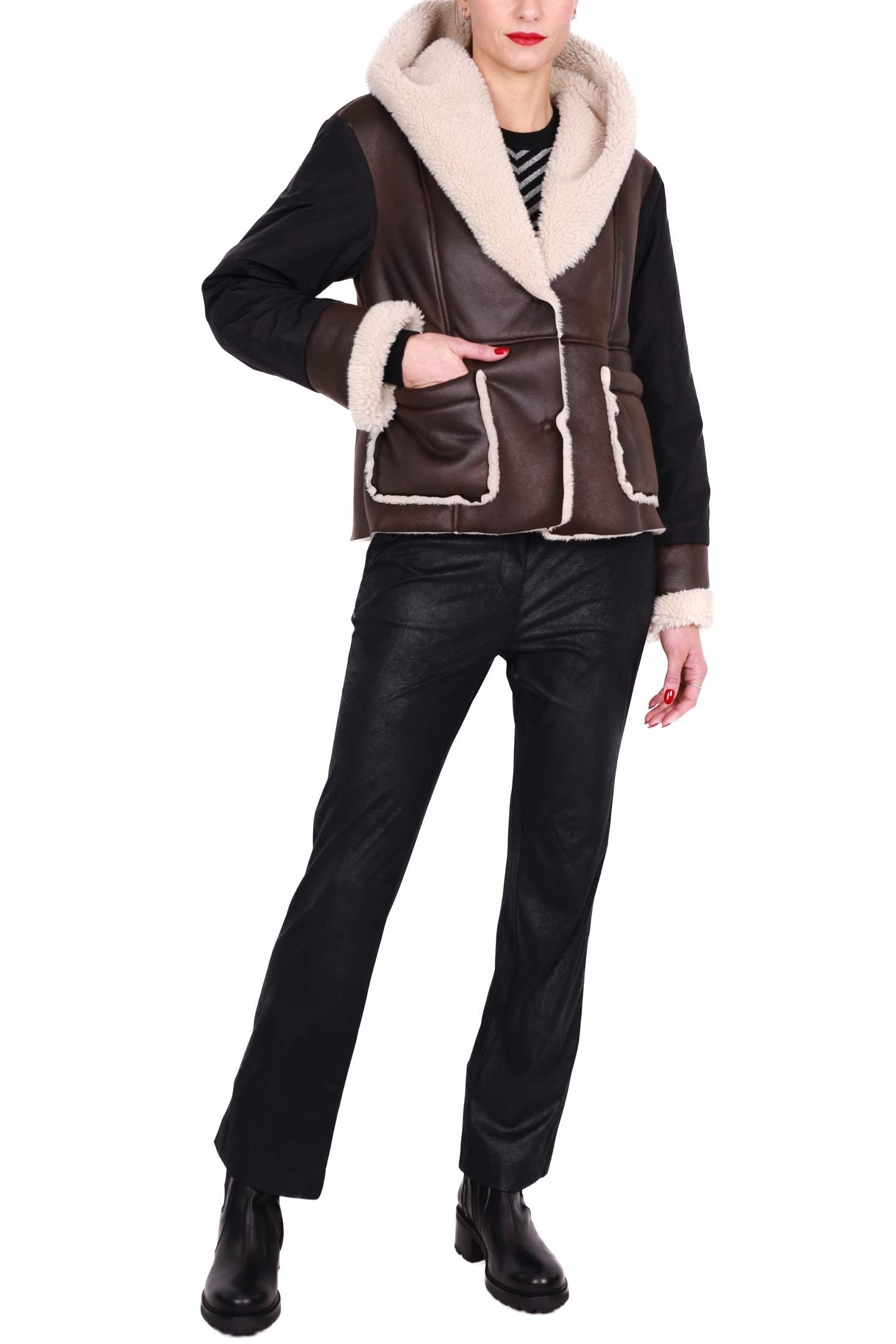 Dixie giacca corta in ecomontone e nylon marrone