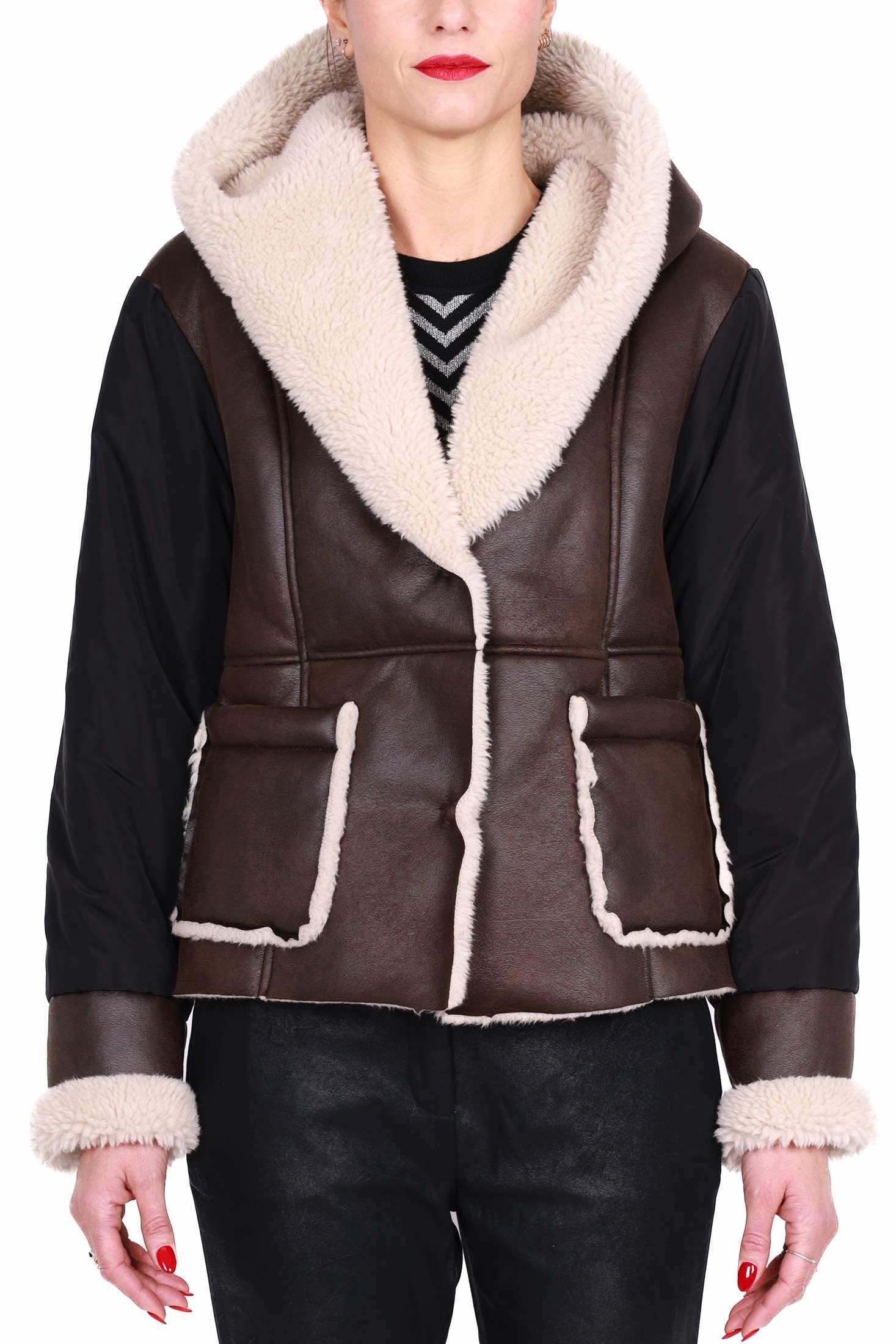 Dixie giacca corta in ecomontone e nylon marrone