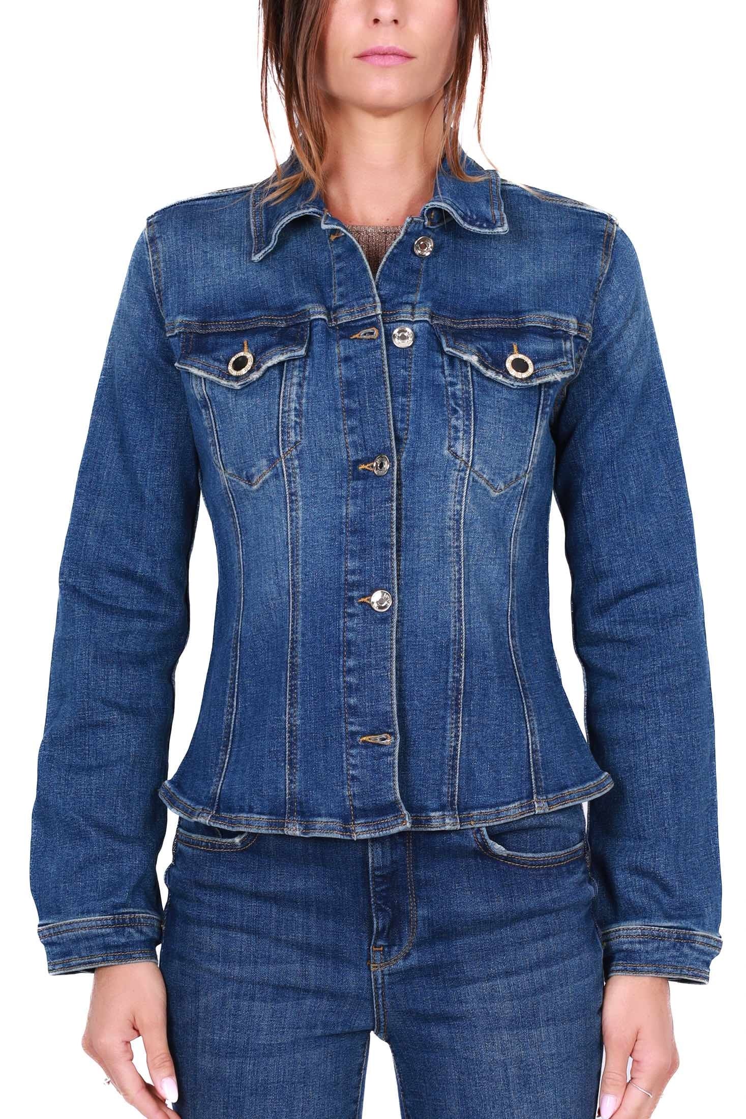 Blu Denim giacca donna in jeans con bottoni gioiello blu