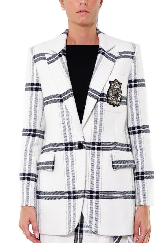 Pinko giacca lunga scozzese di misto lana bianco