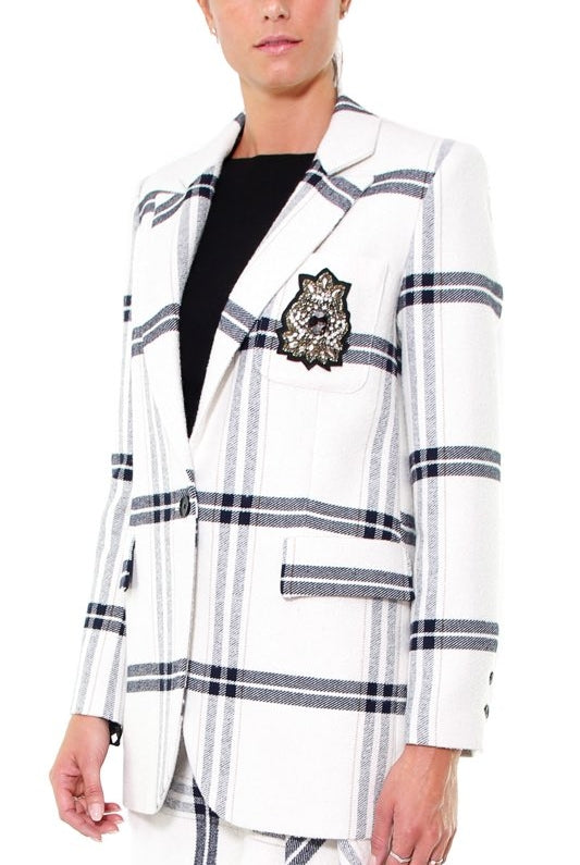 Pinko giacca lunga scozzese di misto lana bianco