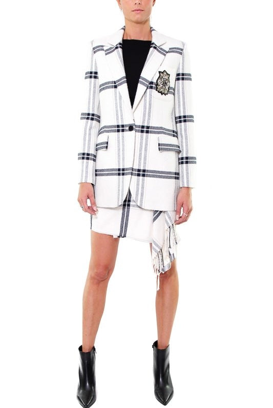 Pinko giacca lunga scozzese di misto lana bianco