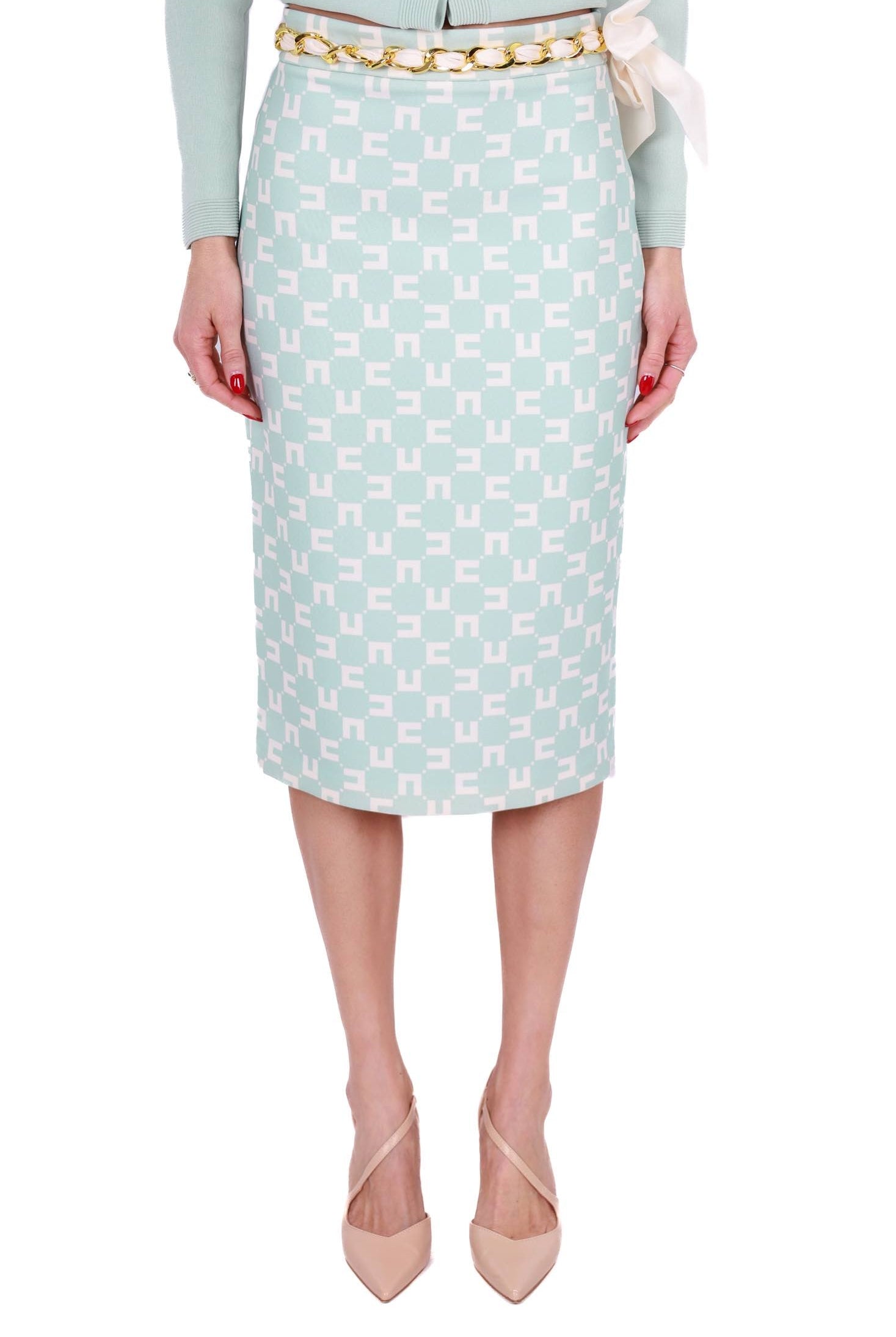 Elisabetta Franchi gonna longuette in crÈpe stampa logo verde