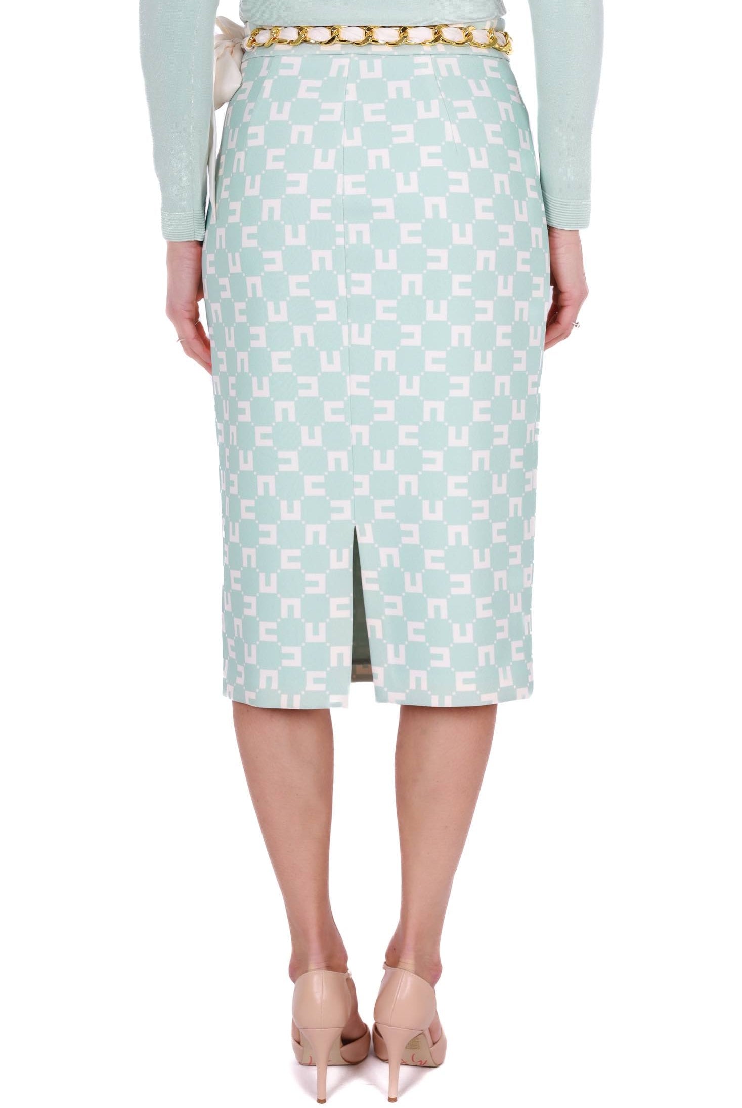 Elisabetta Franchi gonna longuette in crÈpe stampa logo verde