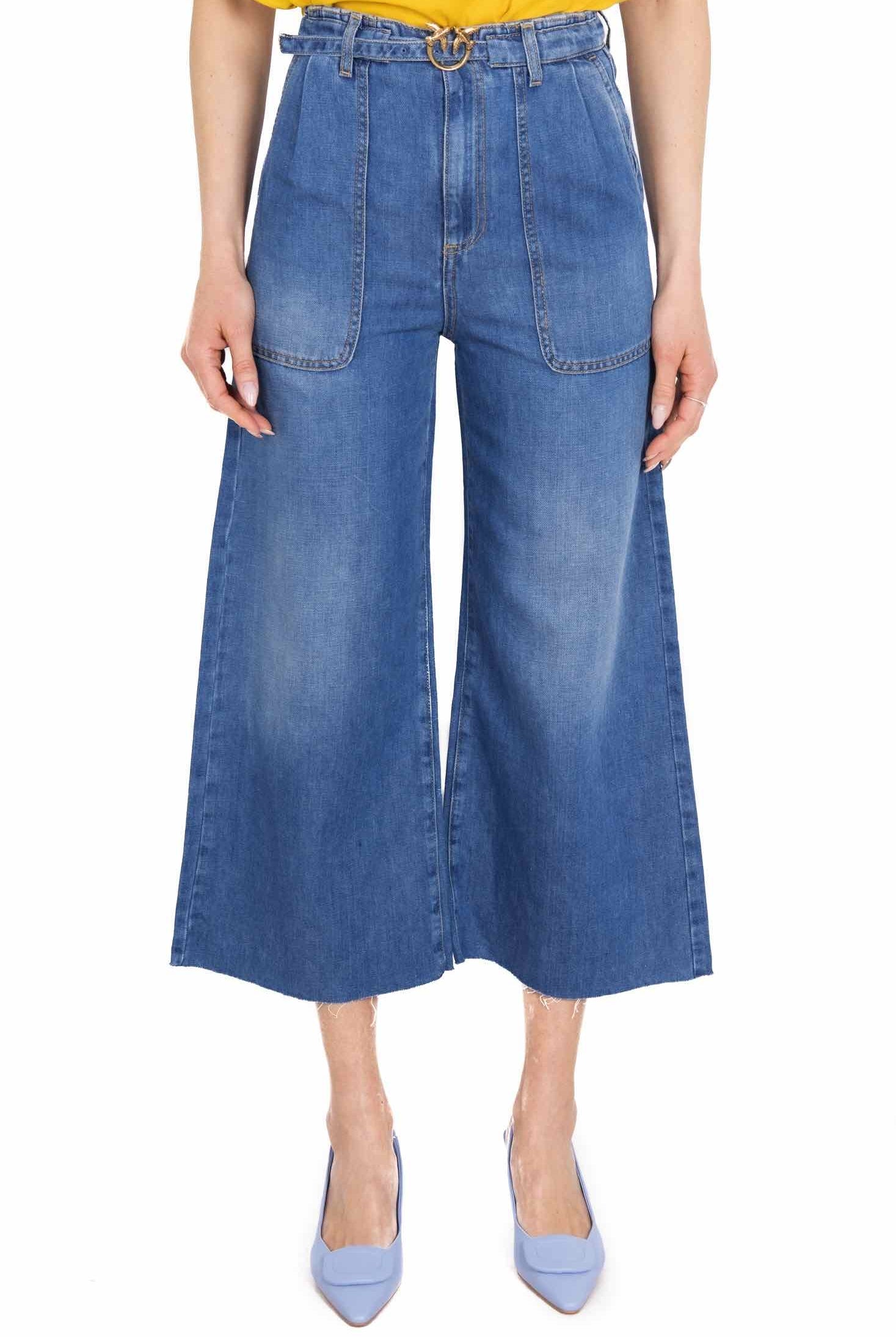 Pinko jeans a palazzo vita alta tela di cotone e lino azzurro