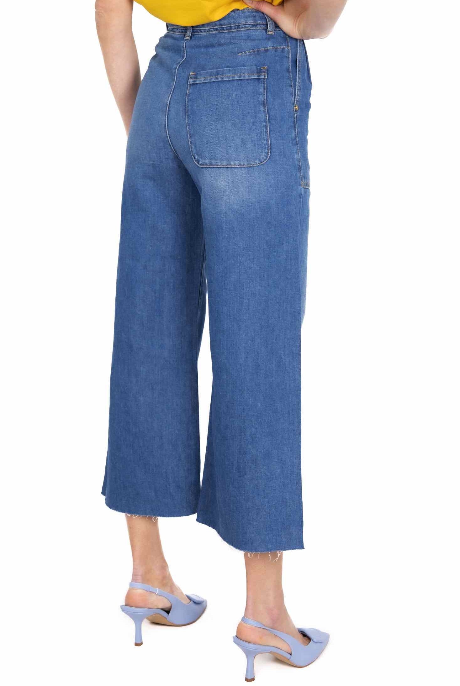 Pinko jeans a palazzo vita alta tela di cotone e lino azzurro