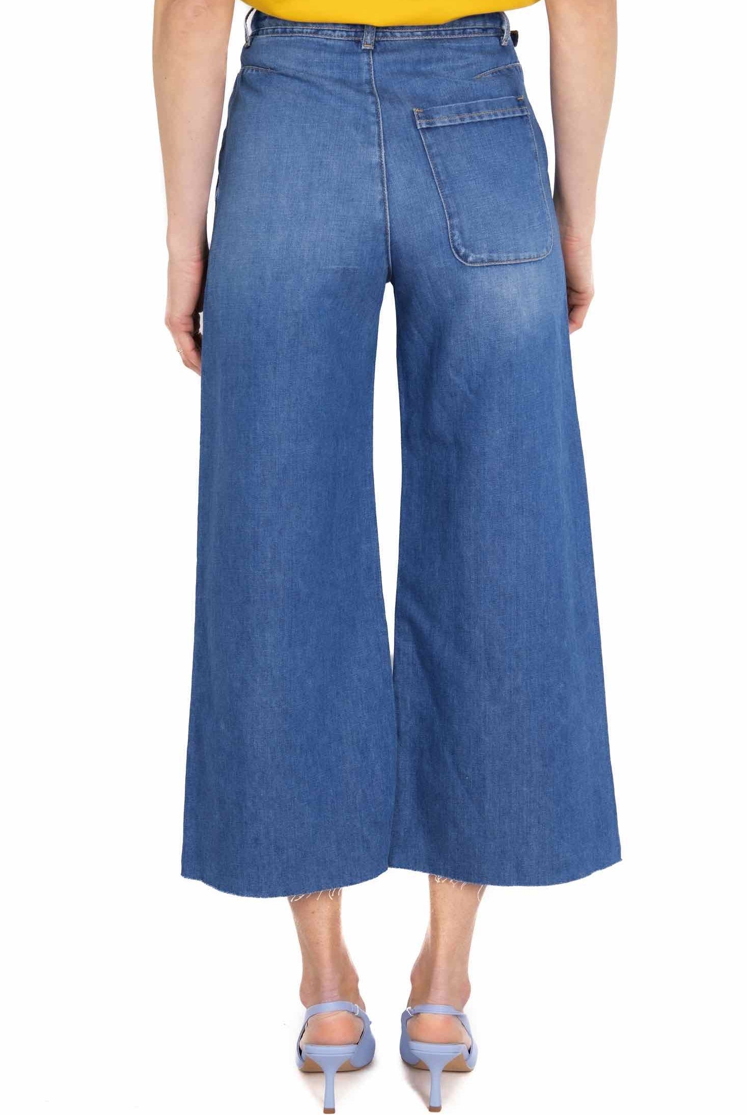 Pinko jeans a palazzo vita alta tela di cotone e lino azzurro