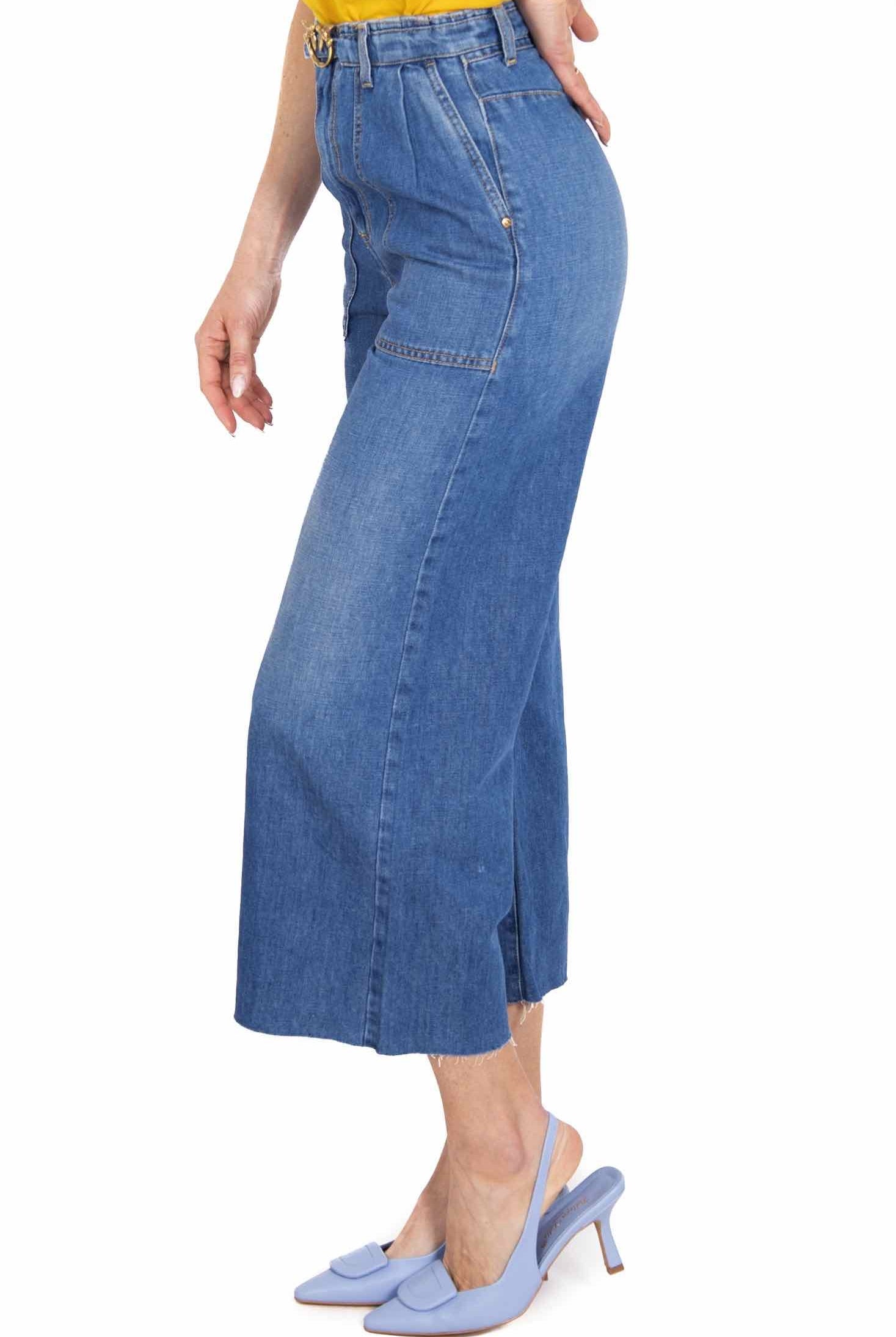 Pinko jeans a palazzo vita alta tela di cotone e lino azzurro