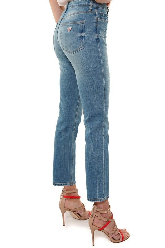 Guess Donna jeans a vita alta gamba dritta con strappo blu