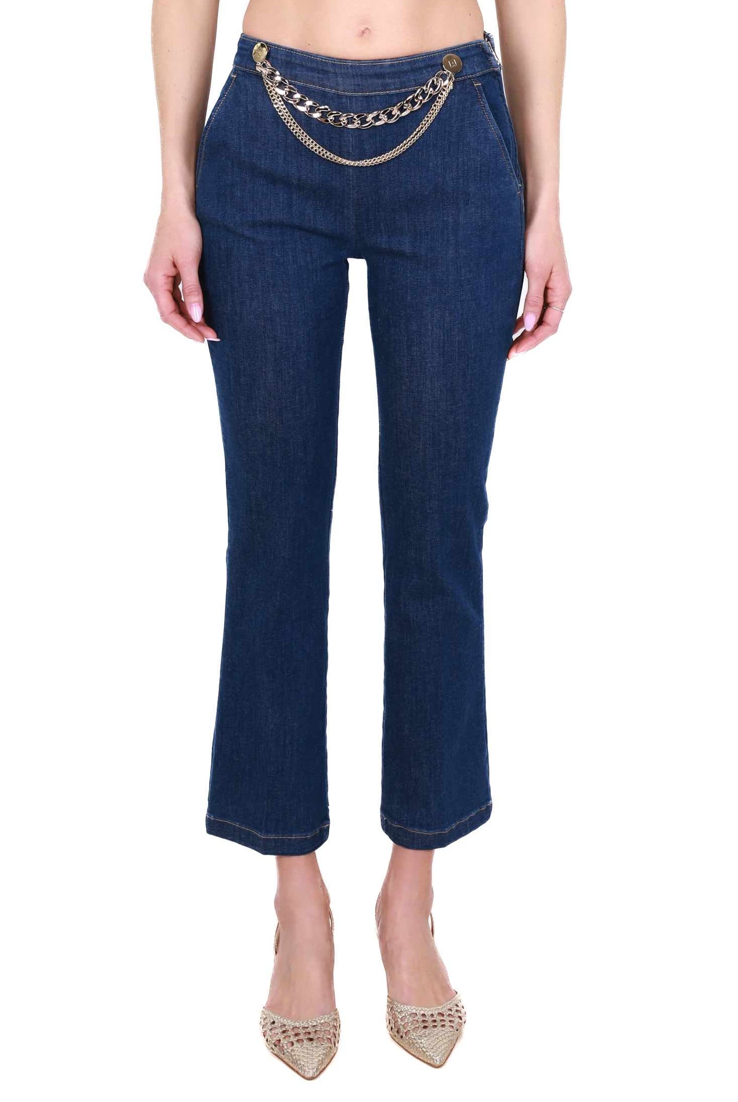 Blu Denim jeans boot cut con catena gioiello blu