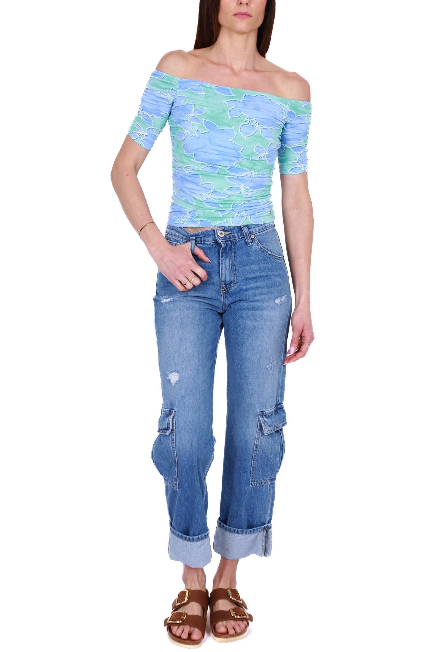 Please jeans cargo in tela denim con rotture blu