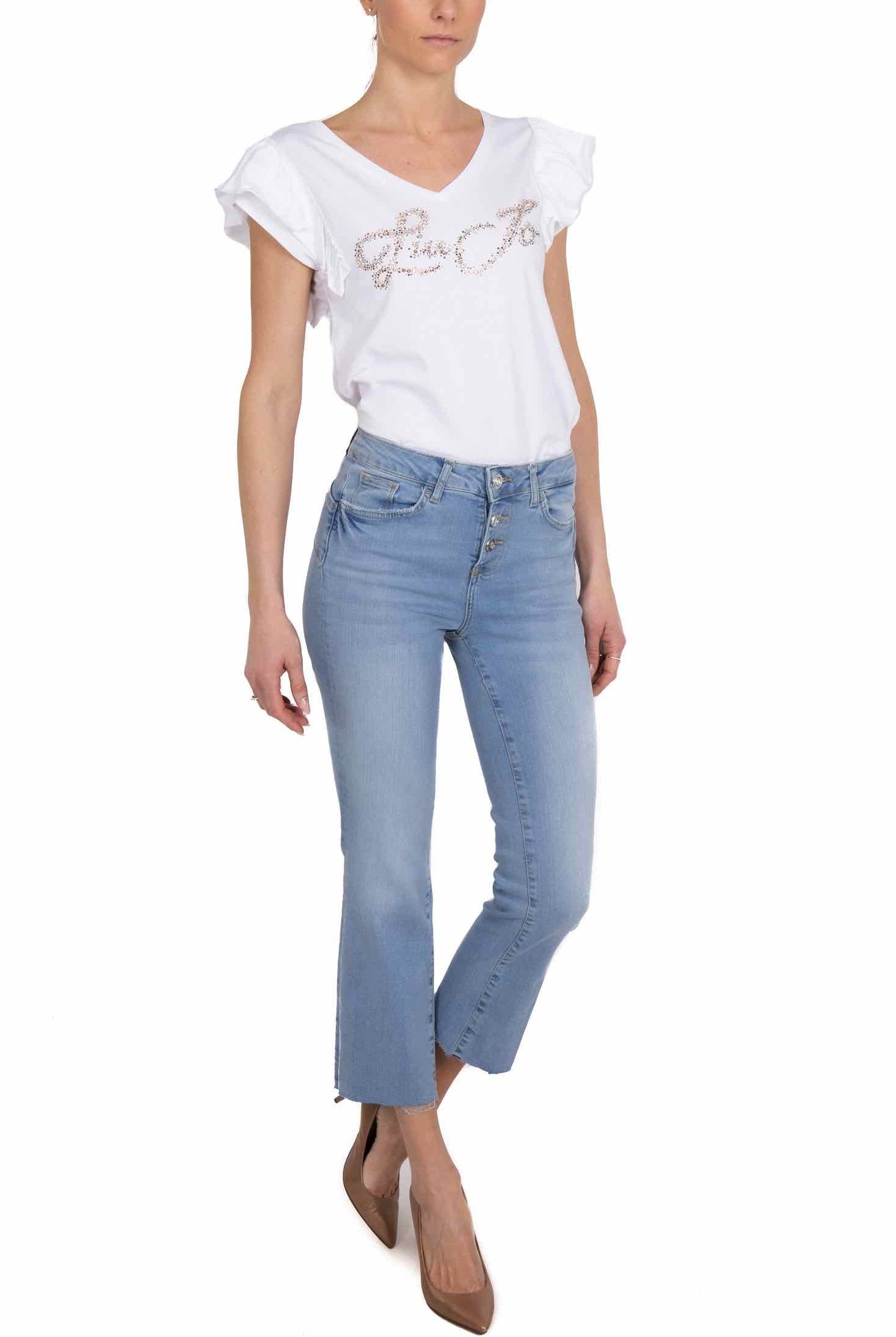 Blu Denim jeans flared cropped con bottoni a vista azzurro