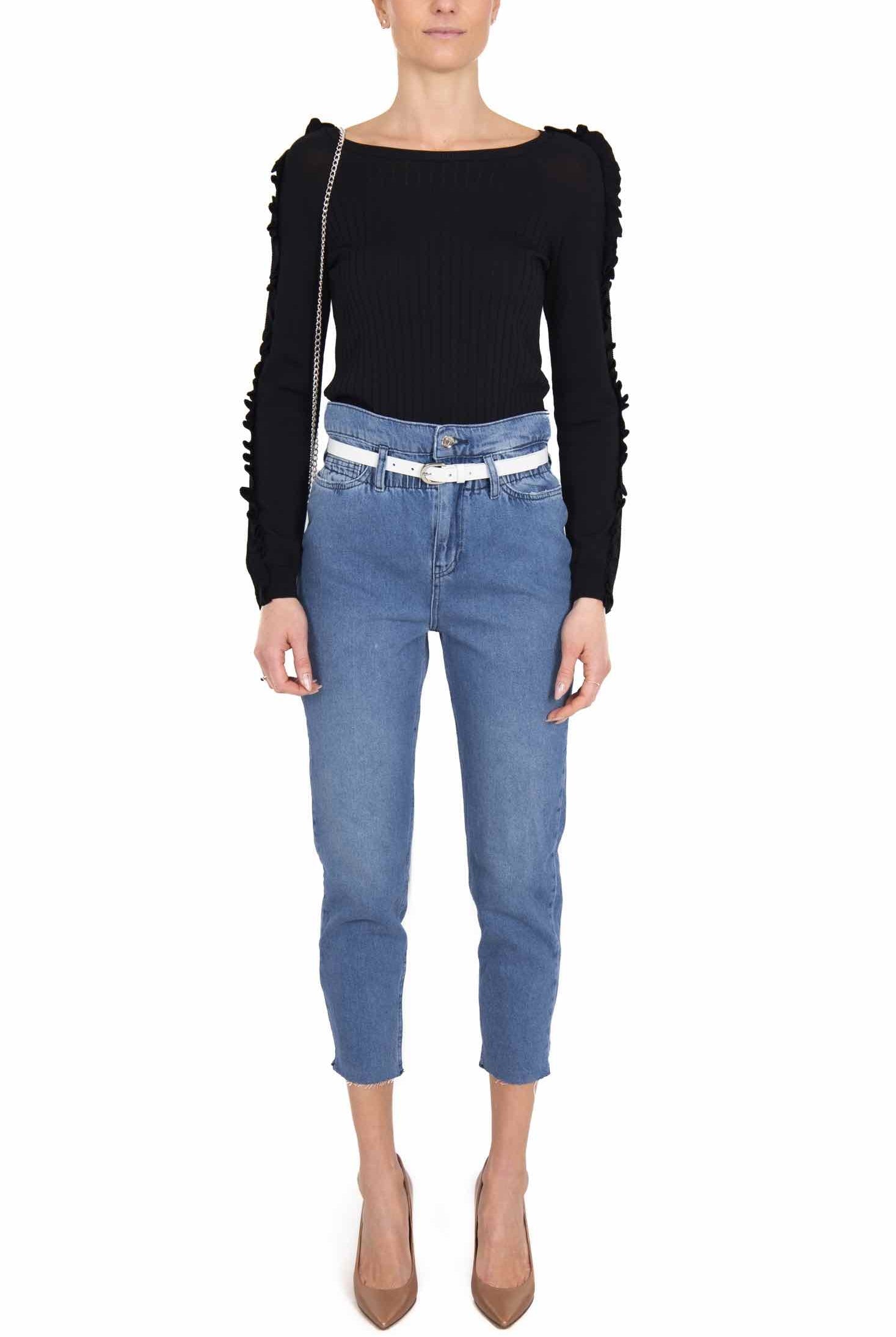 Blu Denim jeans paperbag con piccola borsa e cintura blu