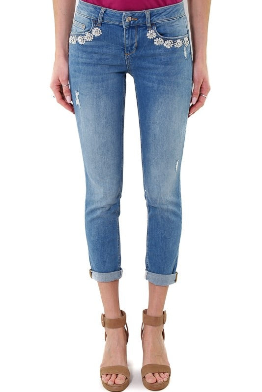 Blu Denim jeans slim con applicazioni gioiello blu