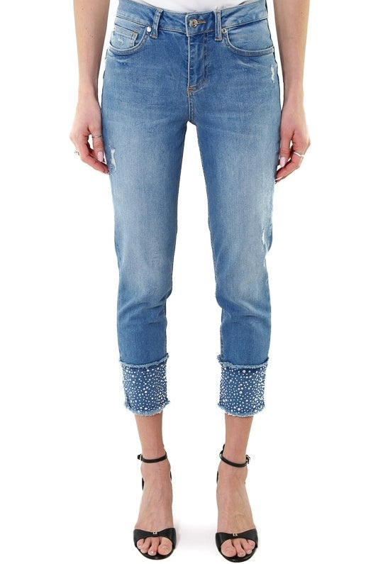 Blu Denim jeans slim vita alta con pietre gioiello blu