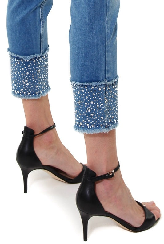 Blu Denim jeans slim vita alta con pietre gioiello blu