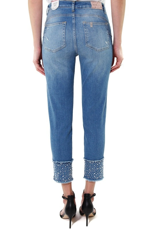 Blu Denim jeans slim vita alta con pietre gioiello blu