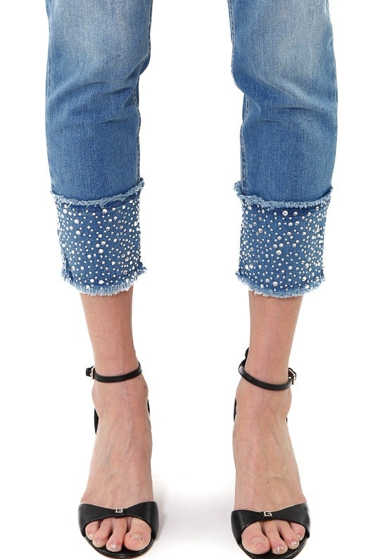 Blu Denim jeans slim vita alta con pietre gioiello blu