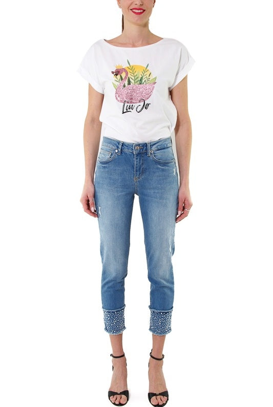 Blu Denim jeans slim vita alta con pietre gioiello blu