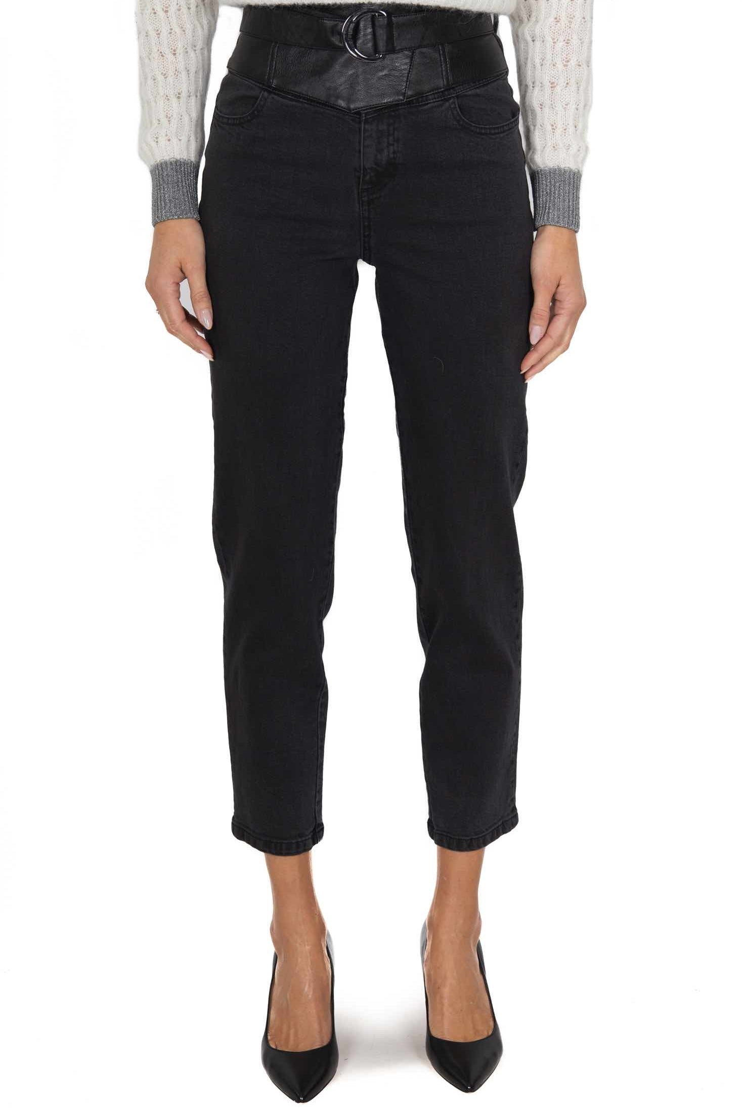 Pinko jeans vita alta con inserti di ecopelle e cintura nero