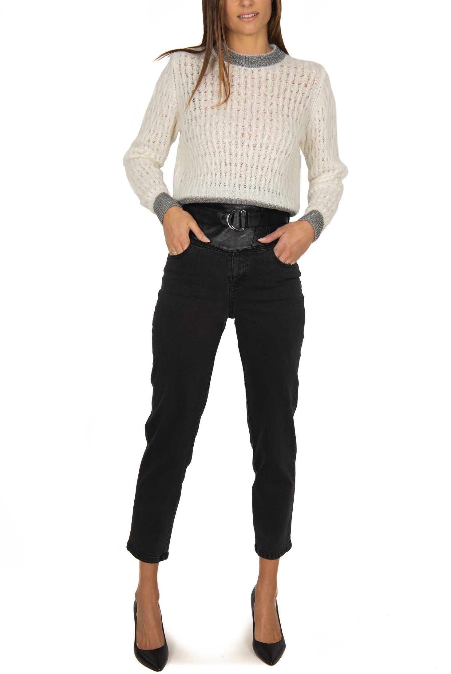 Pinko jeans vita alta con inserti di ecopelle e cintura nero