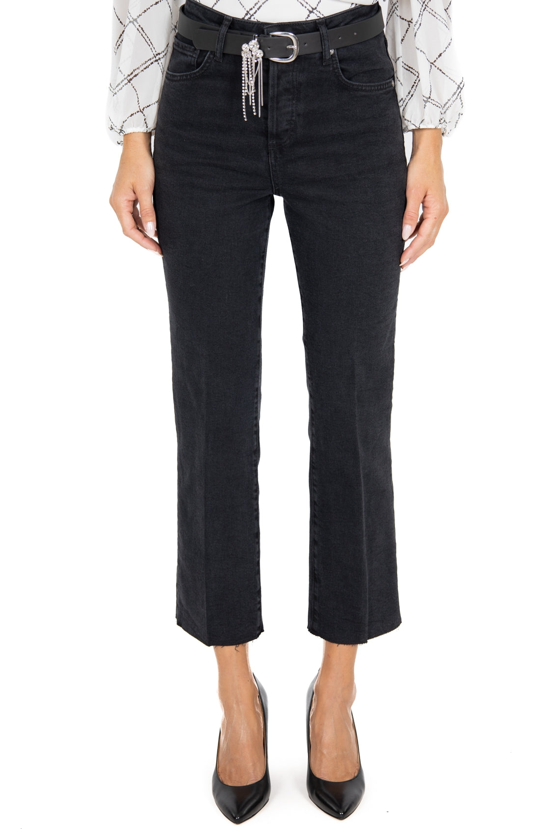 Blu Denim jeans vita alta flare cropped nero