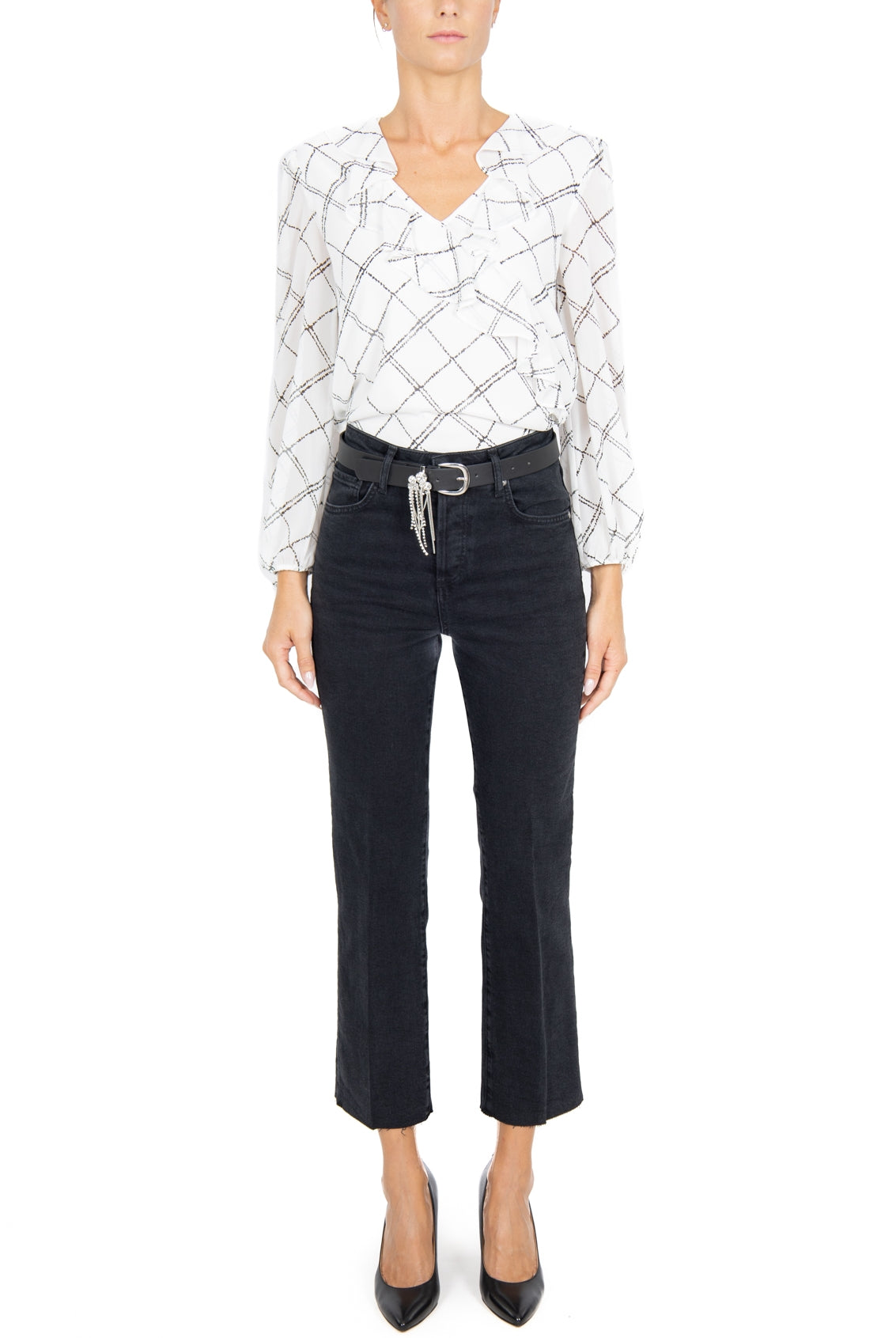 Blu Denim jeans vita alta flare cropped nero