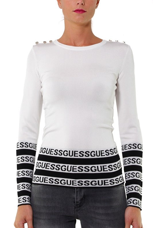 Guess Donna maglia di misto viscosa con bande logo bianco