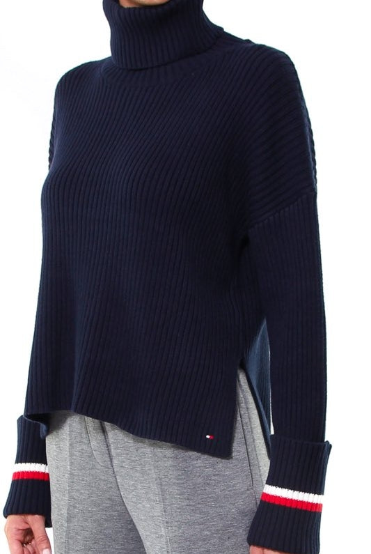 Tommy Hilfiger Donna maglia dolcevita a coste con riga sui polsini blu