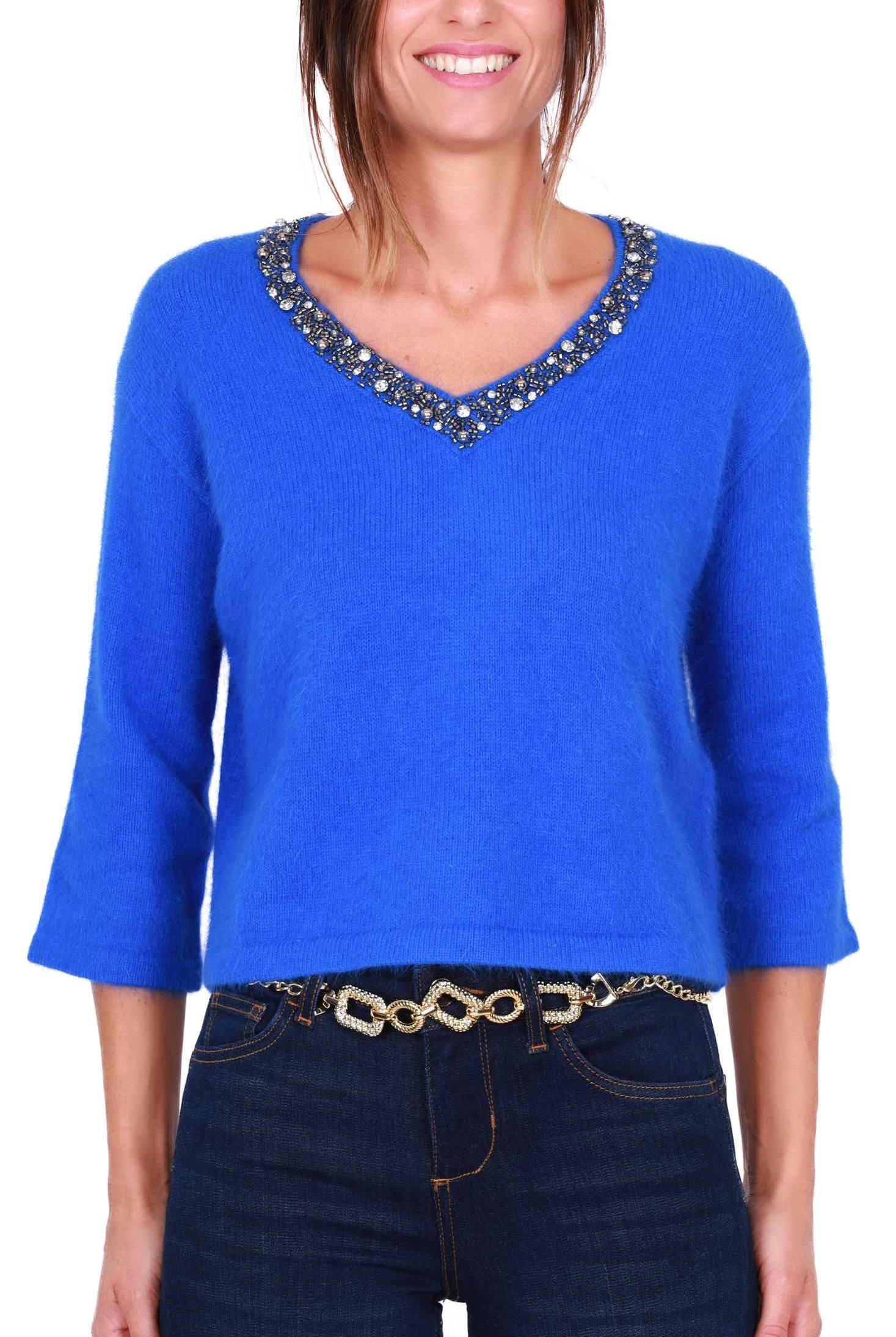 Liu Jo Black maglia donna scollo a v in misto alpaca bluette