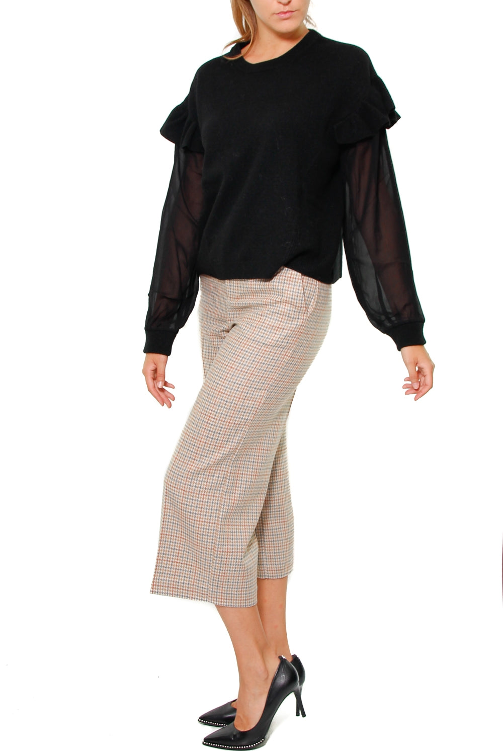 Twin Set Srl maglia in misto cashmere con maniche 3/4 in tulle nero