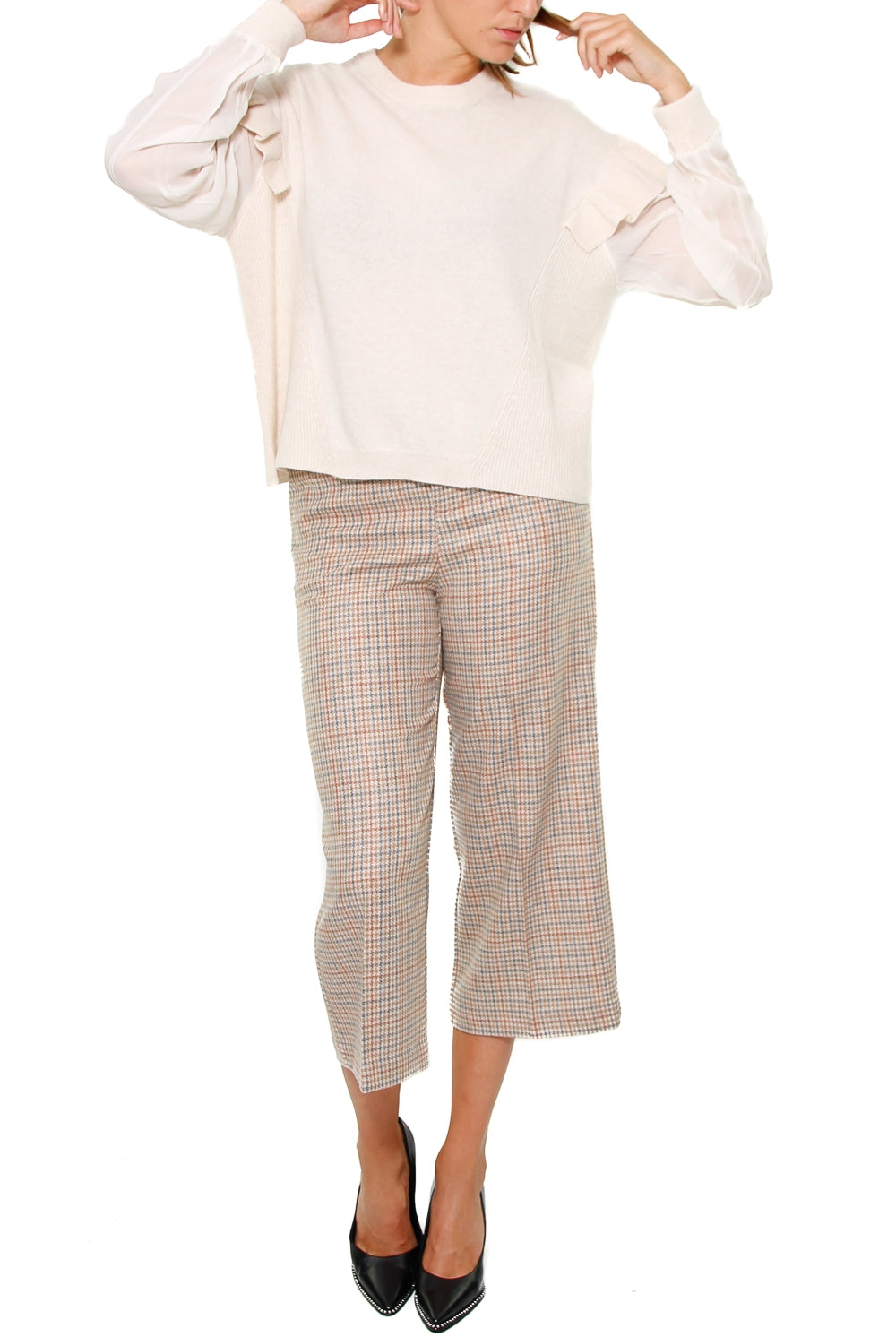 Twin Set Srl maglia in misto cashmere con maniche di tulle beige