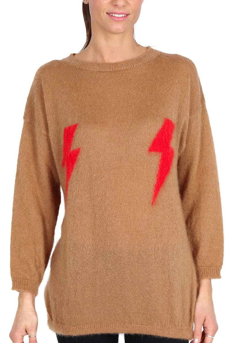 Vicolo maglia lunga girocollo con fulmini cammello