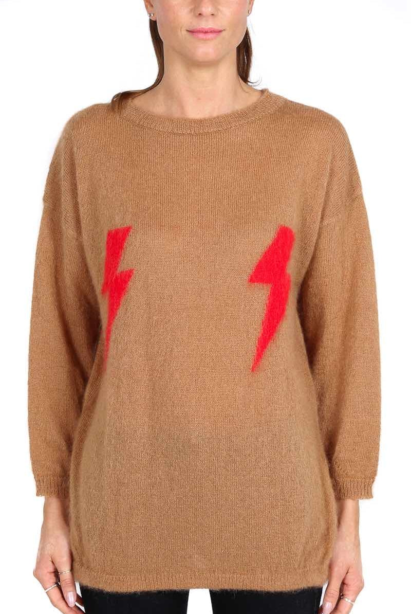 Vicolo maglia lunga girocollo con fulmini cammello