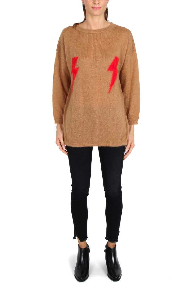 Vicolo maglia lunga girocollo con fulmini cammello