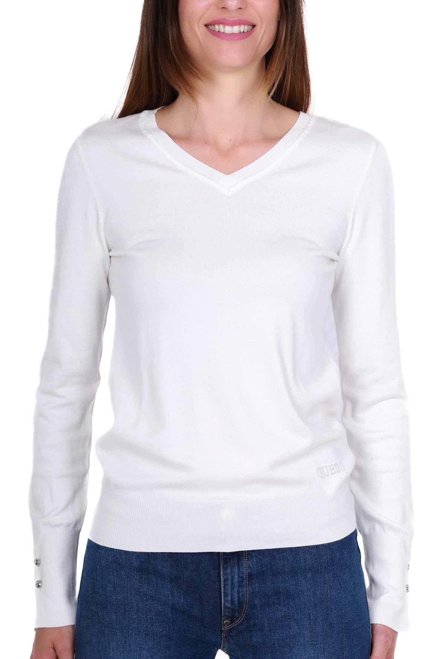 Guess Donna maglia scollo a v in misto viscosa bianco