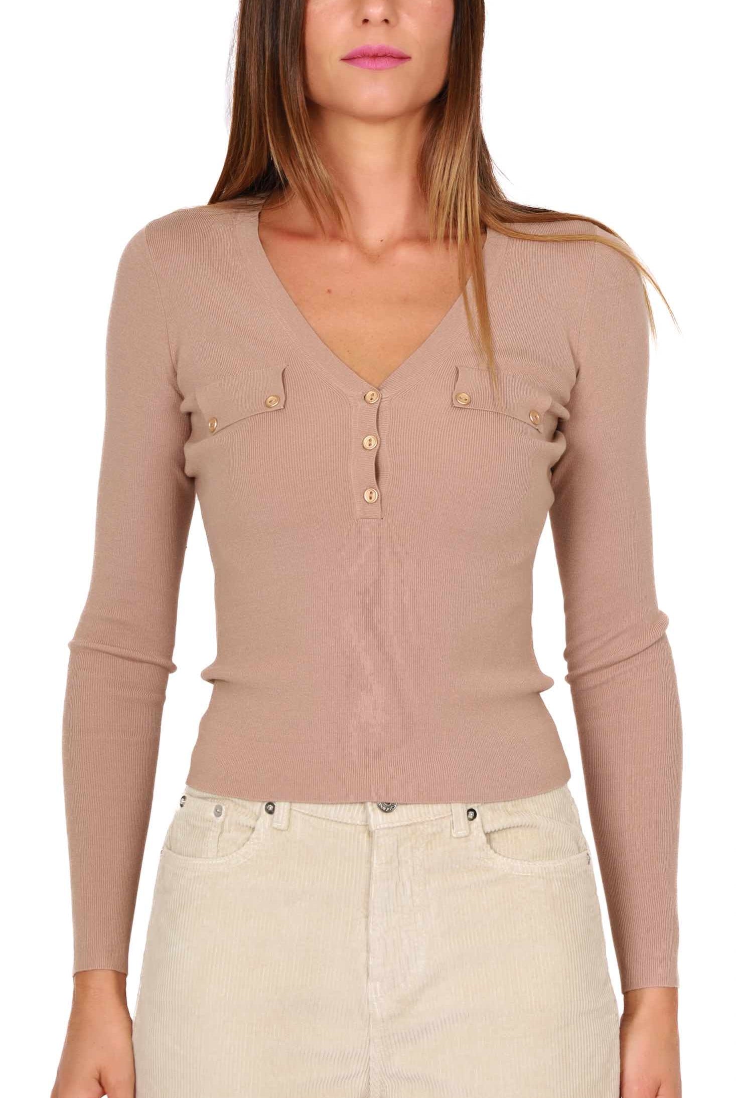 Guess Donna maglia scollo v con bottoncini cammello