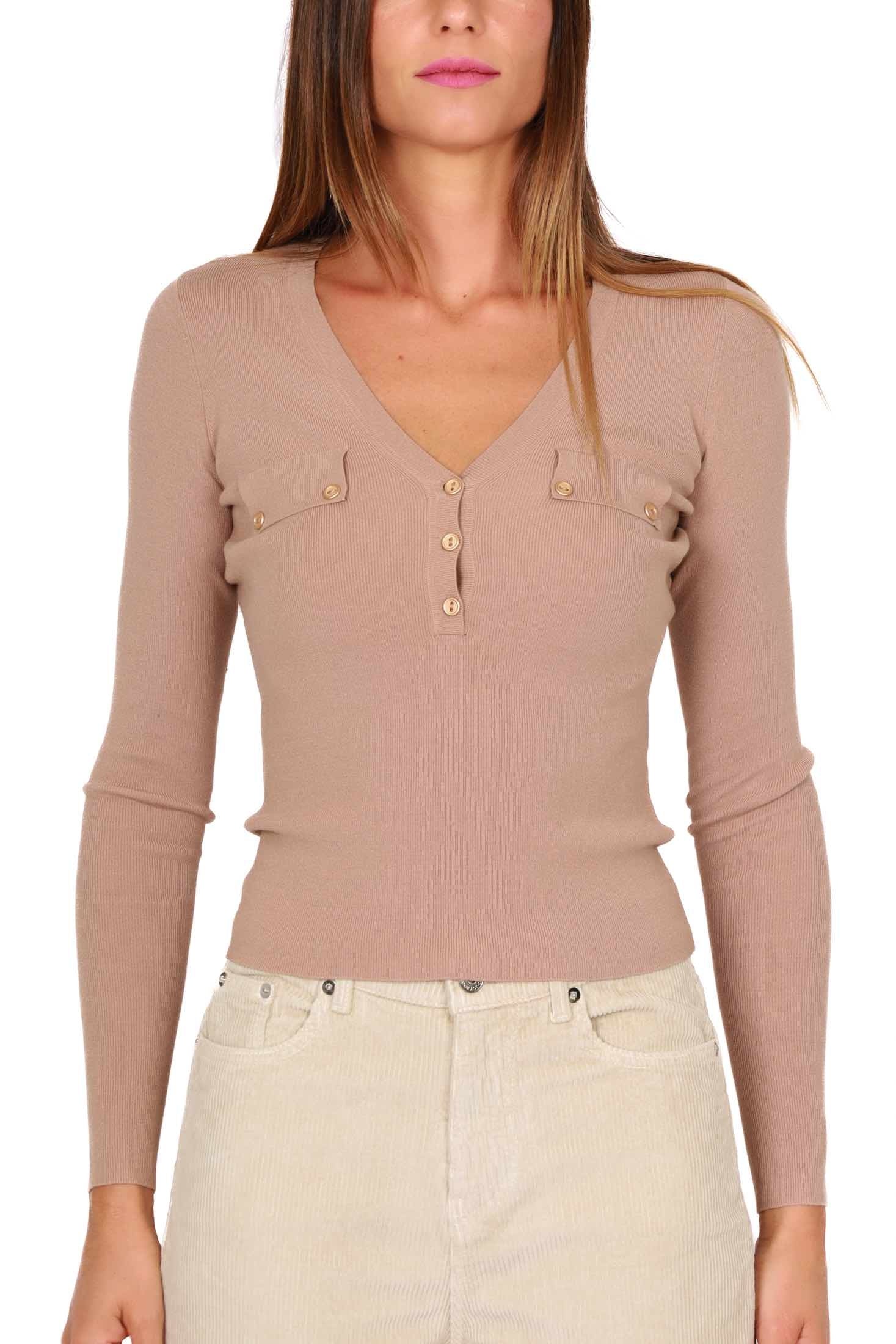 Guess Donna maglia scollo v con bottoncini cammello