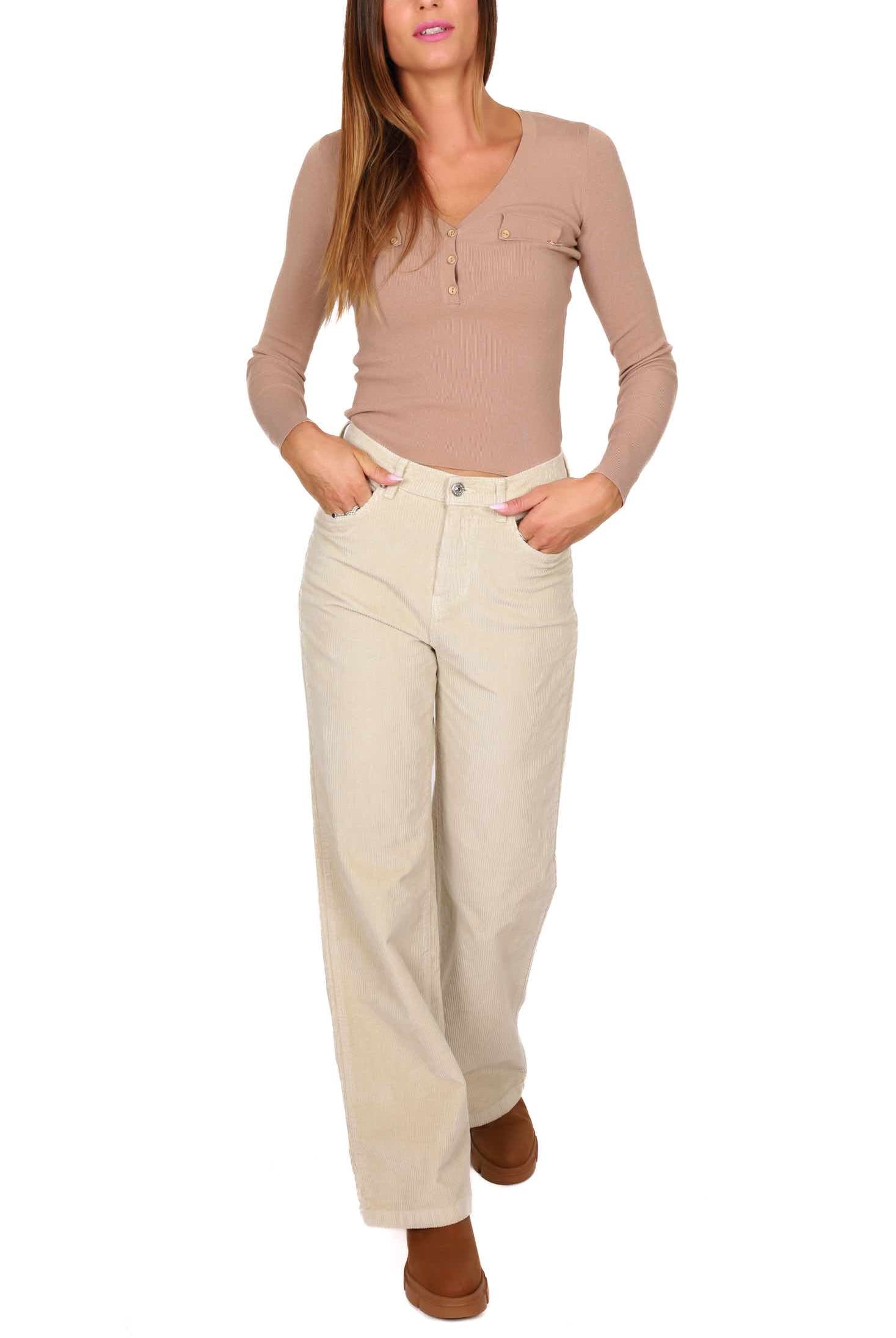 Guess Donna maglia scollo v con bottoncini cammello