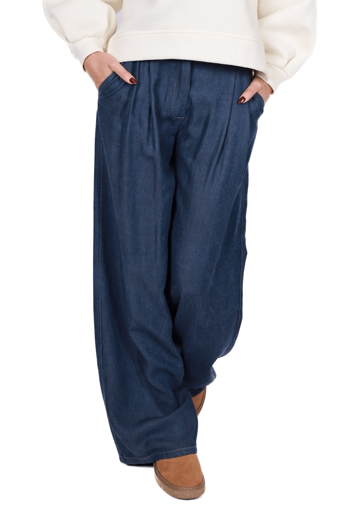 Please pantalone a palazzo con pinces blu