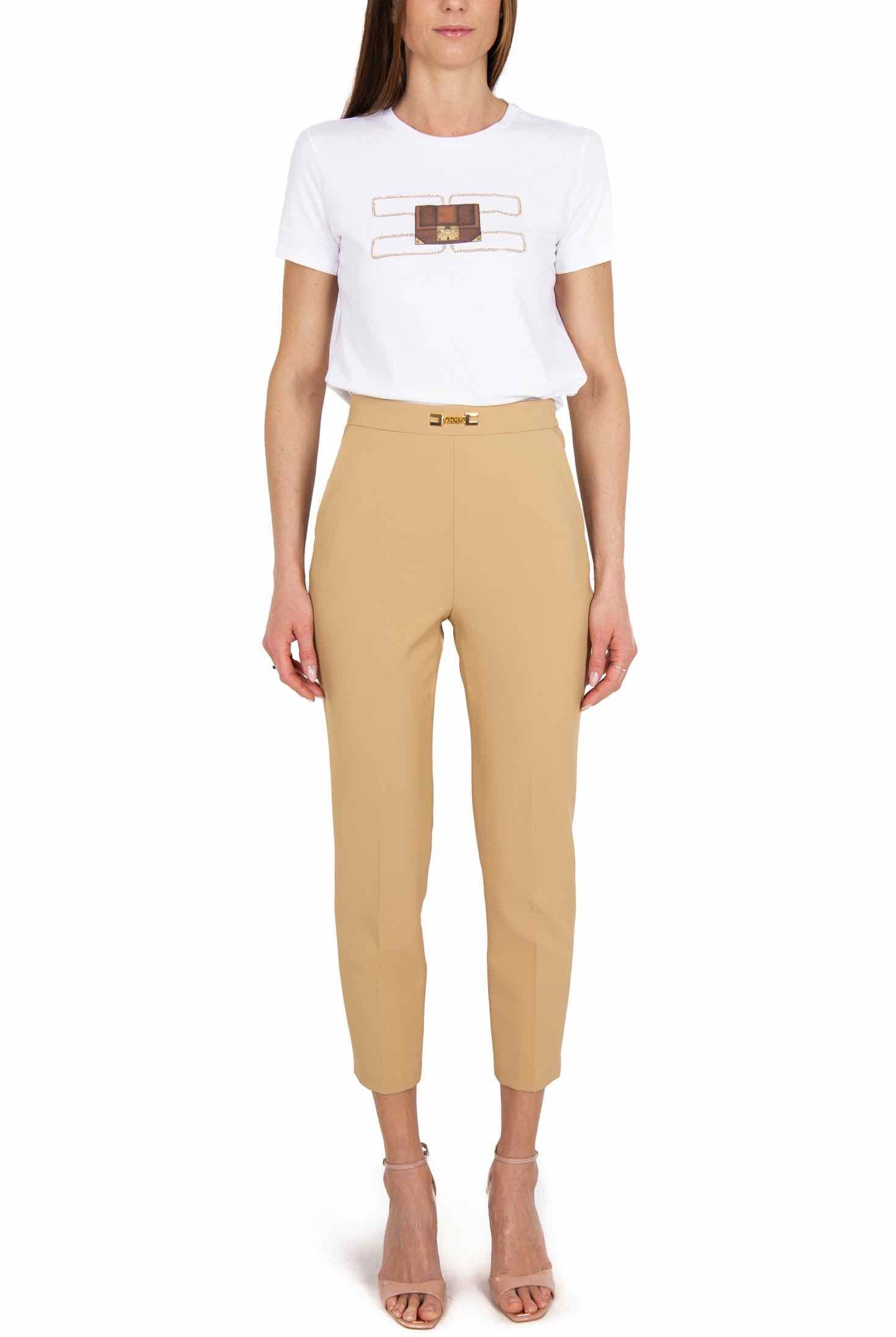 Elisabetta Franchi pantalone a sigaretta con morsetto logo beige