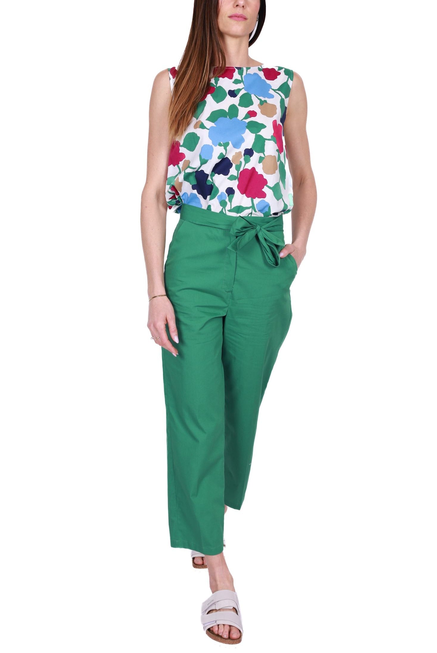 Emme Marella pantalone a sigaretta in popeline di cotone verde