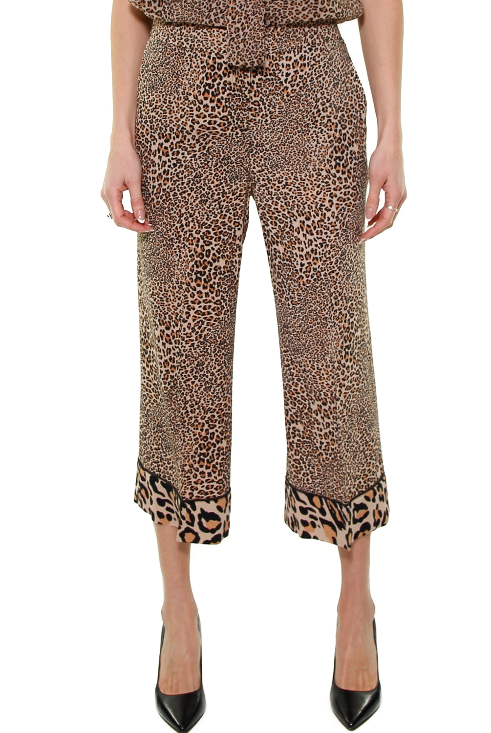 Twin Set Srl pantalone cropped in crepe animalier nero