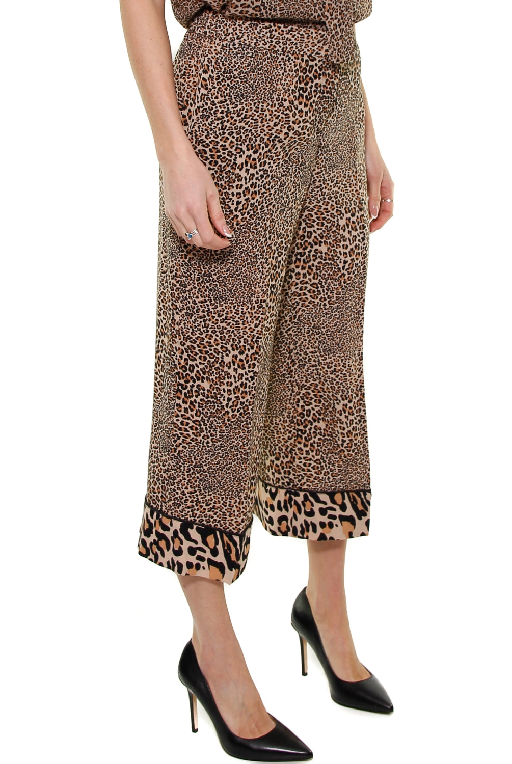 Twin Set Srl pantalone cropped in crepe animalier nero
