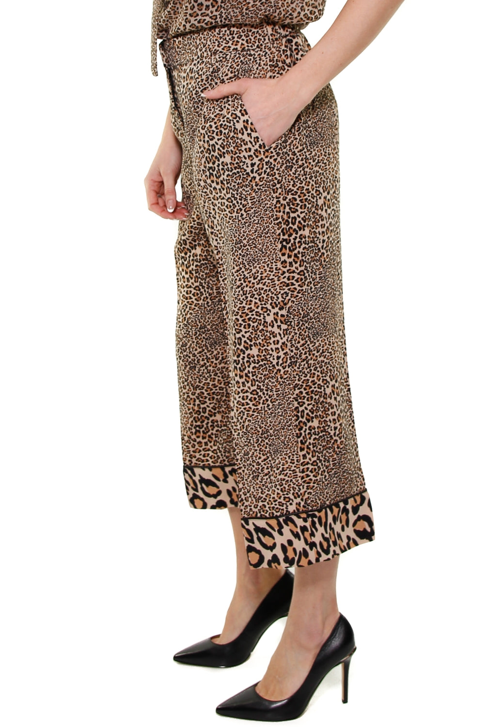 Twin Set Srl pantalone cropped in crepe animalier nero