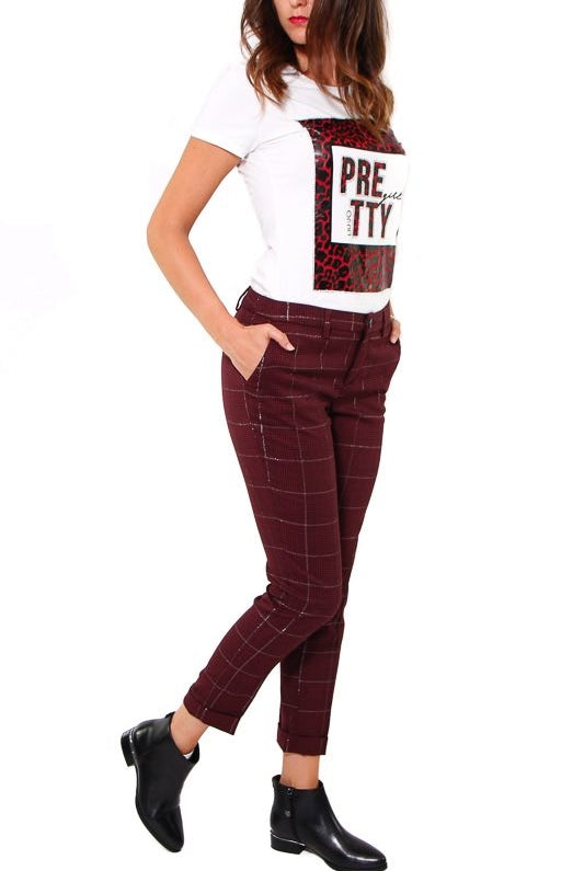 Liu Jo White pantalone cropped in principe di galles bordeaux
