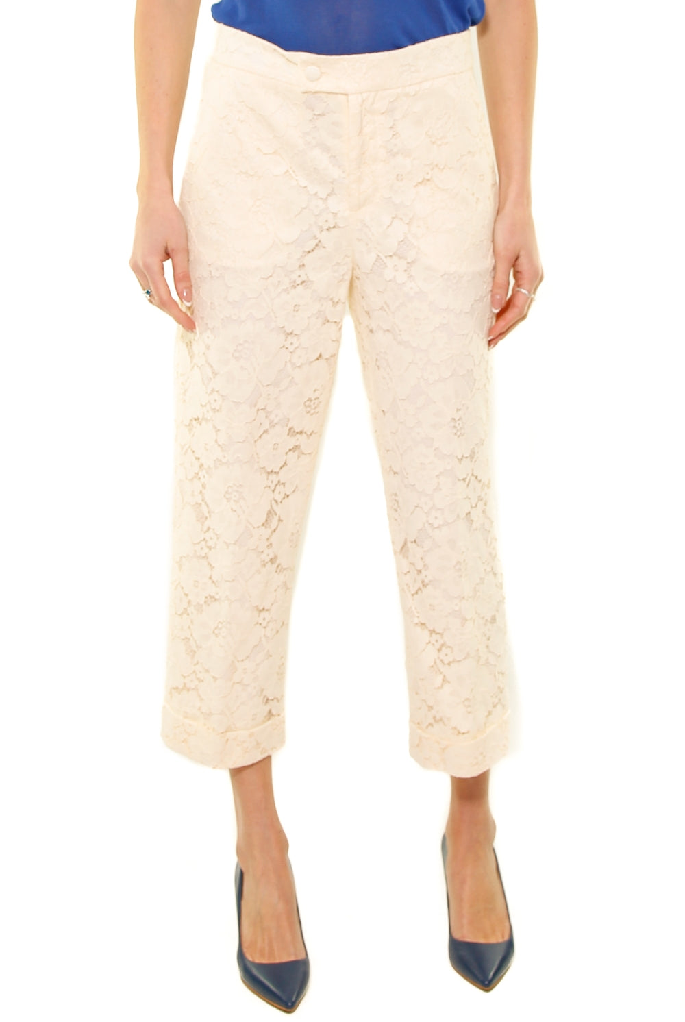 Twin Set Srl pantalone cropped pizzo macrame' beige