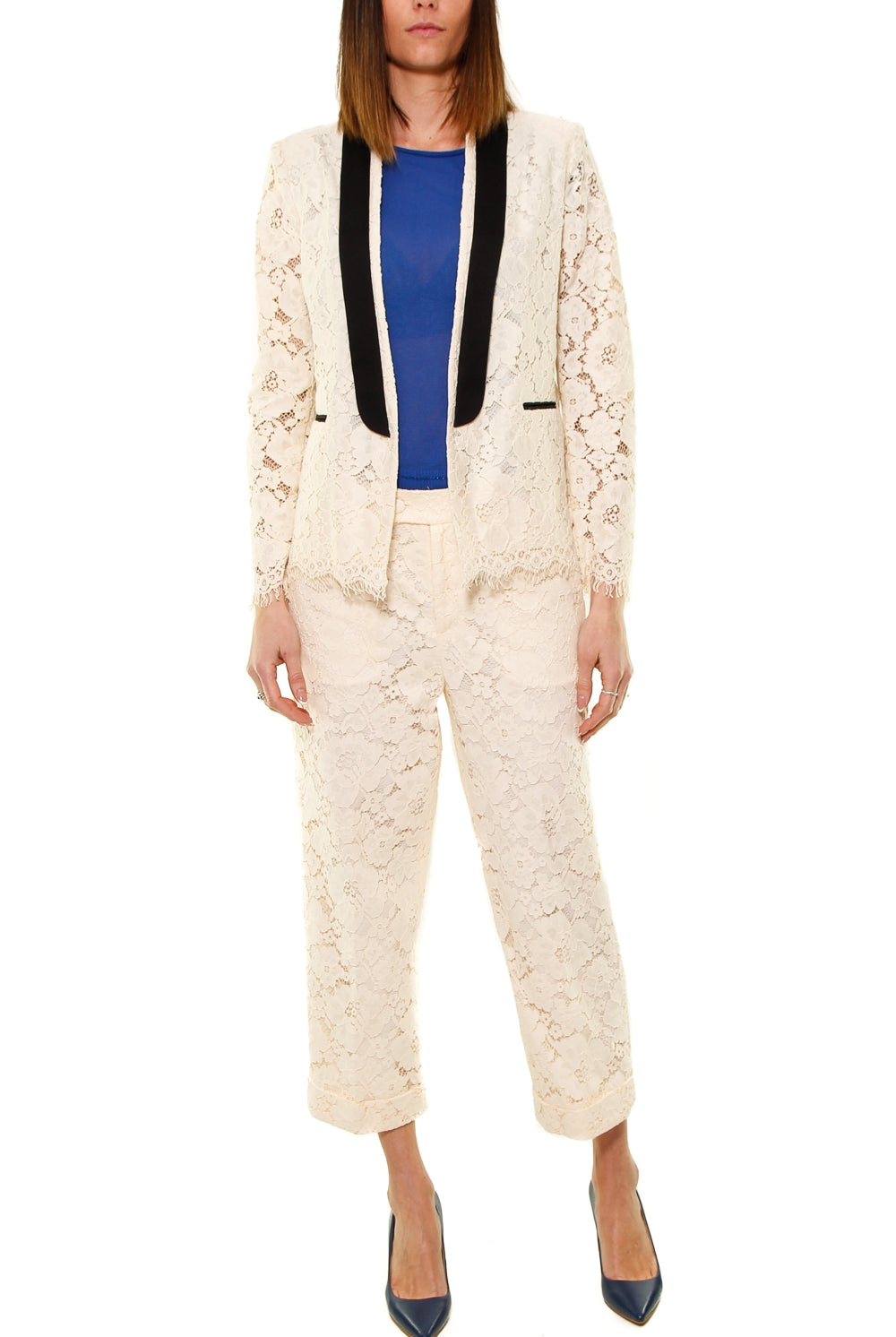 Twin Set Srl pantalone cropped pizzo macrame' beige