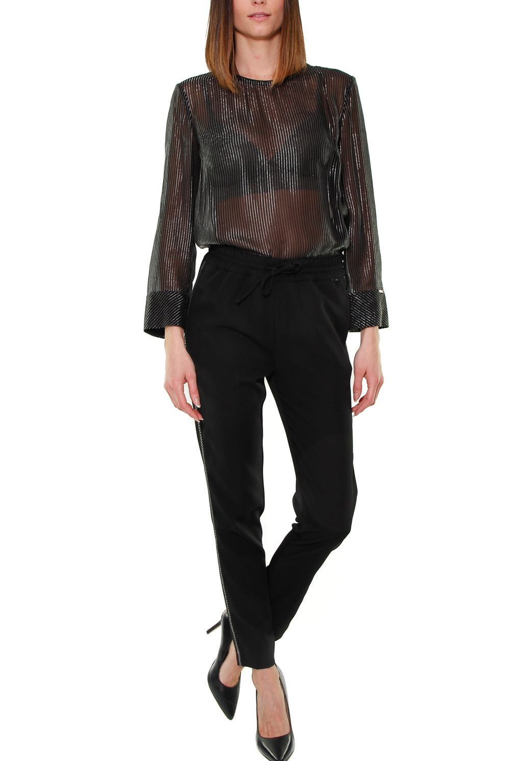 Liu Jo White pantalone jogging elegante con banda laterale nero