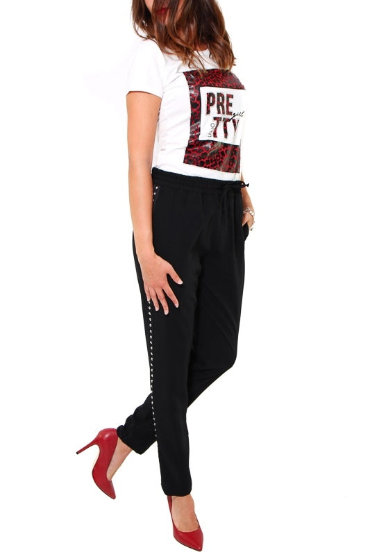Liu Jo White pantalone joggings con coulisse e borchie ai lati nero